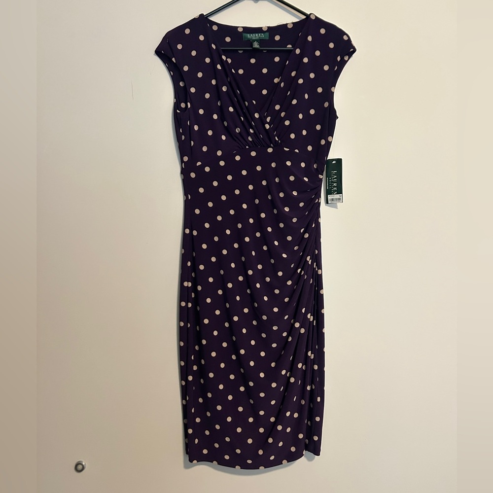 New Ralph Lauren Purple Dress Cream Polka Dots Sz 4 business casual Easter NWT